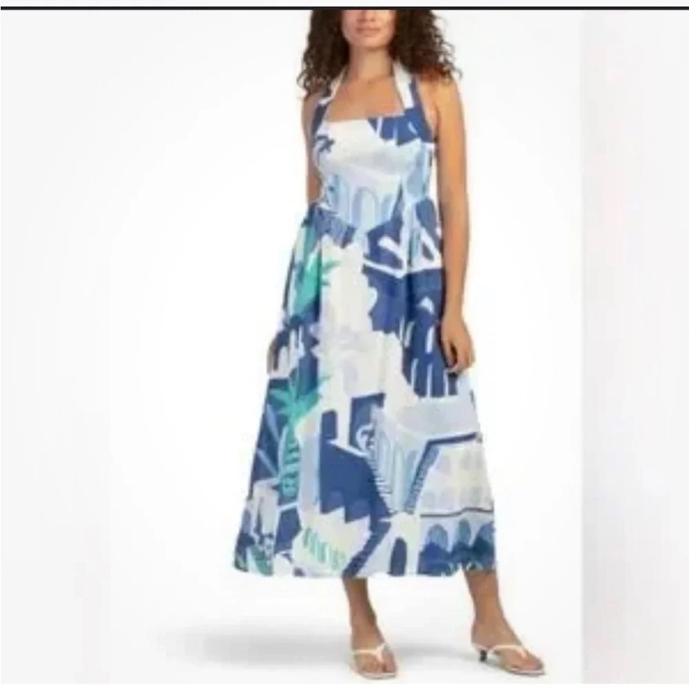 NWT White Closet Elements Maxi Blue & White HalterNeck Dress LINEN SZ large - Picture 1 of 6